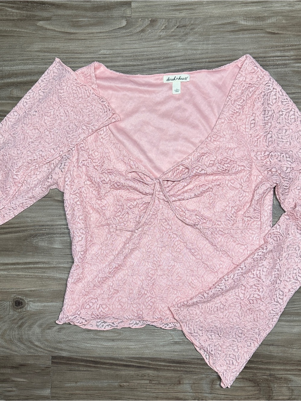 Derek Heart Pink Lace L Girly V-Neck Tie-Front Flare Long Sleeve Blouse